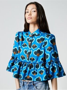 SMYTHE x Kataleen Webb Floral Blouse Blue Medium Cropped Boxy Ruffle Boho Bold